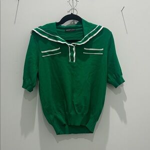Green Sailor Collar Knit Top with White Trim